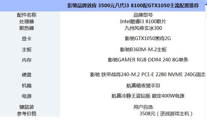 3500元八代i3 8100配GTX1050主流配置清单