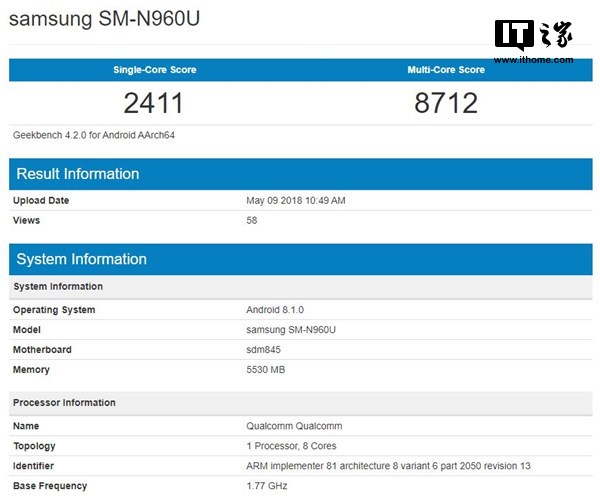 三星Note9跑分，高通845不敌苹果A11